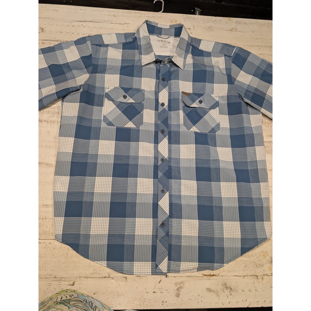 Orvis Mens Blue Plaid Button Up Shirt Short Sleeve Casual Size Large XXL